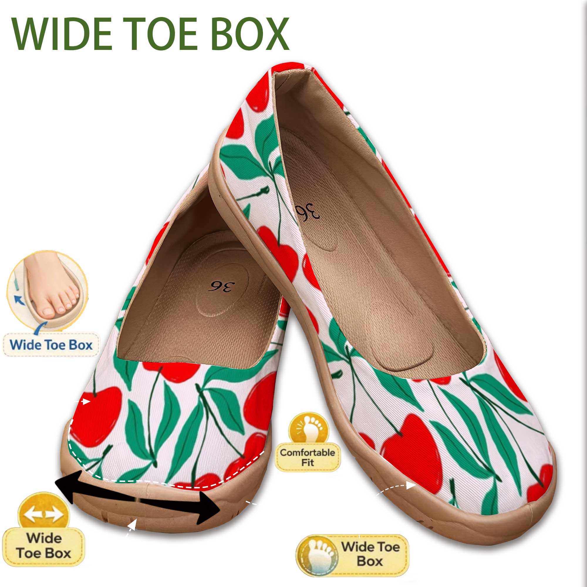 Women'S Shoes For Wide Feet - Zapatos Slip-On de Color Cereza, Anchos